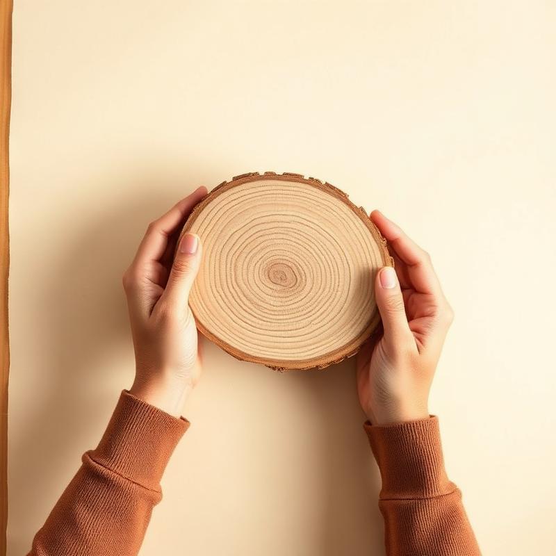 Hands examining a slice of natural wood